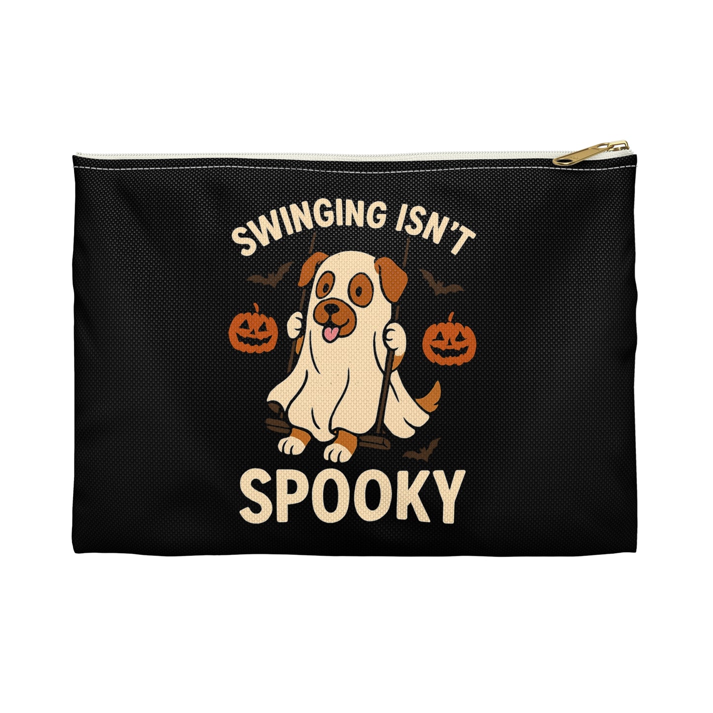 Swinging Isn’t Spooky Ghost Dog Halloween Pouch – Cute Skeleton Design for Trick-or-Treat, Parties & Gifting