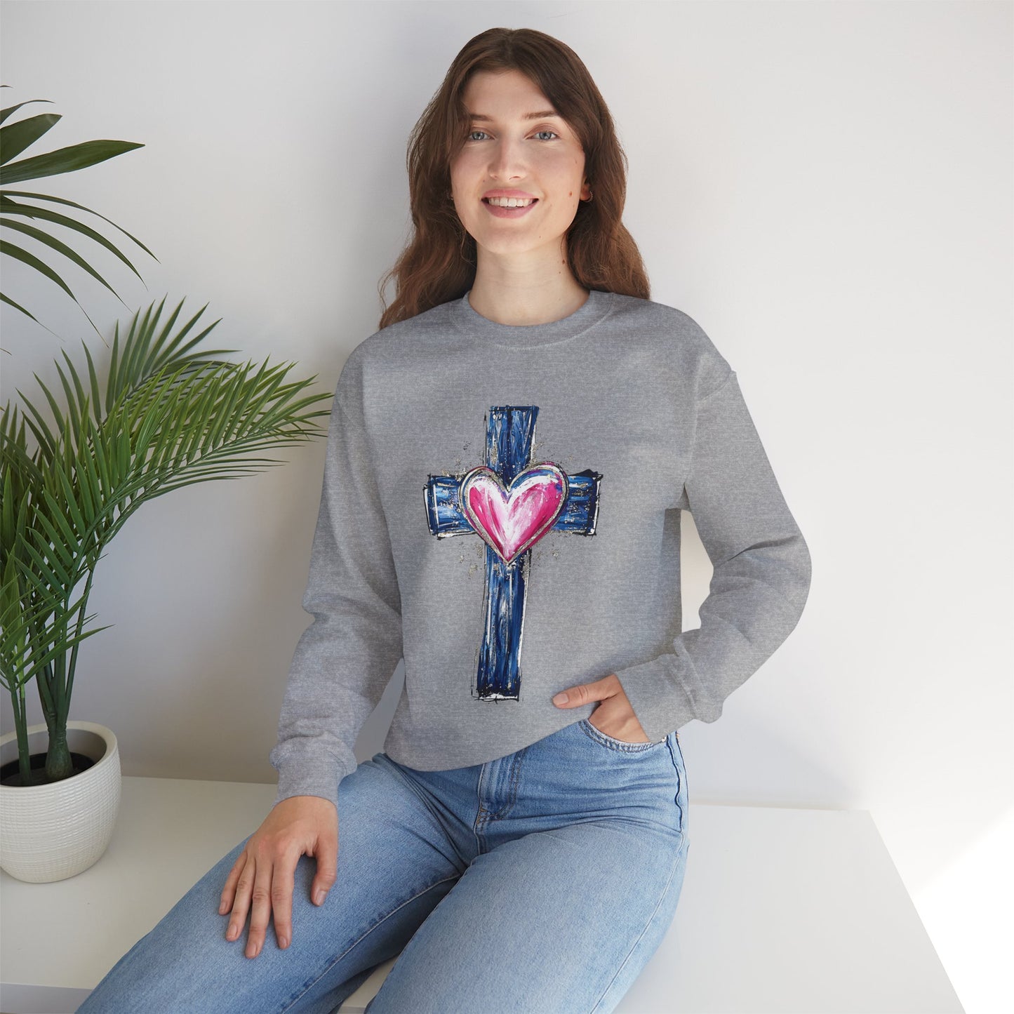 Cross with Heart Crewneck Sweatshirt | Love-Centered Faith Pullover | Inclusive Christian Apparel | Cozy Spiritual Sweatshirt