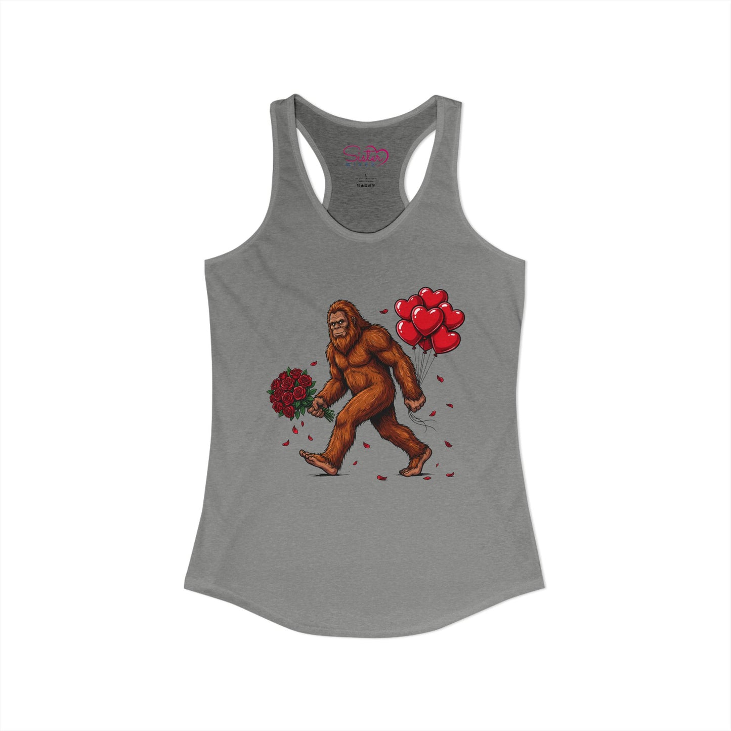 Bigfoot Valentine Racerback Tank – Sasquatch Holding Flowers Shirt | Cryptid Romance Humor | Poly & ENM Friendly Apparel