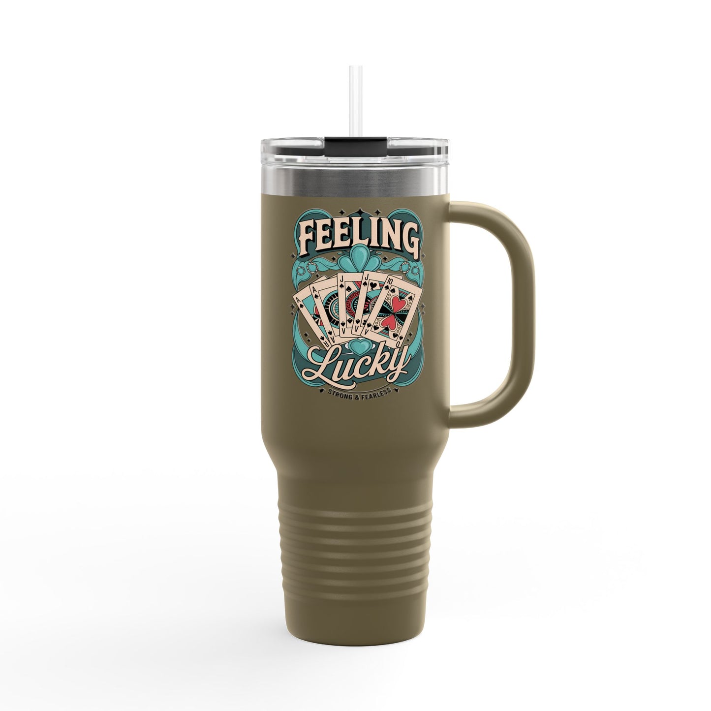 Feeling Lucky 40oz Insulated Travel Mug – Vintage Playing Card Lucky Charm Tumbler with Straw | Stainless Steel BPA-Free Cup