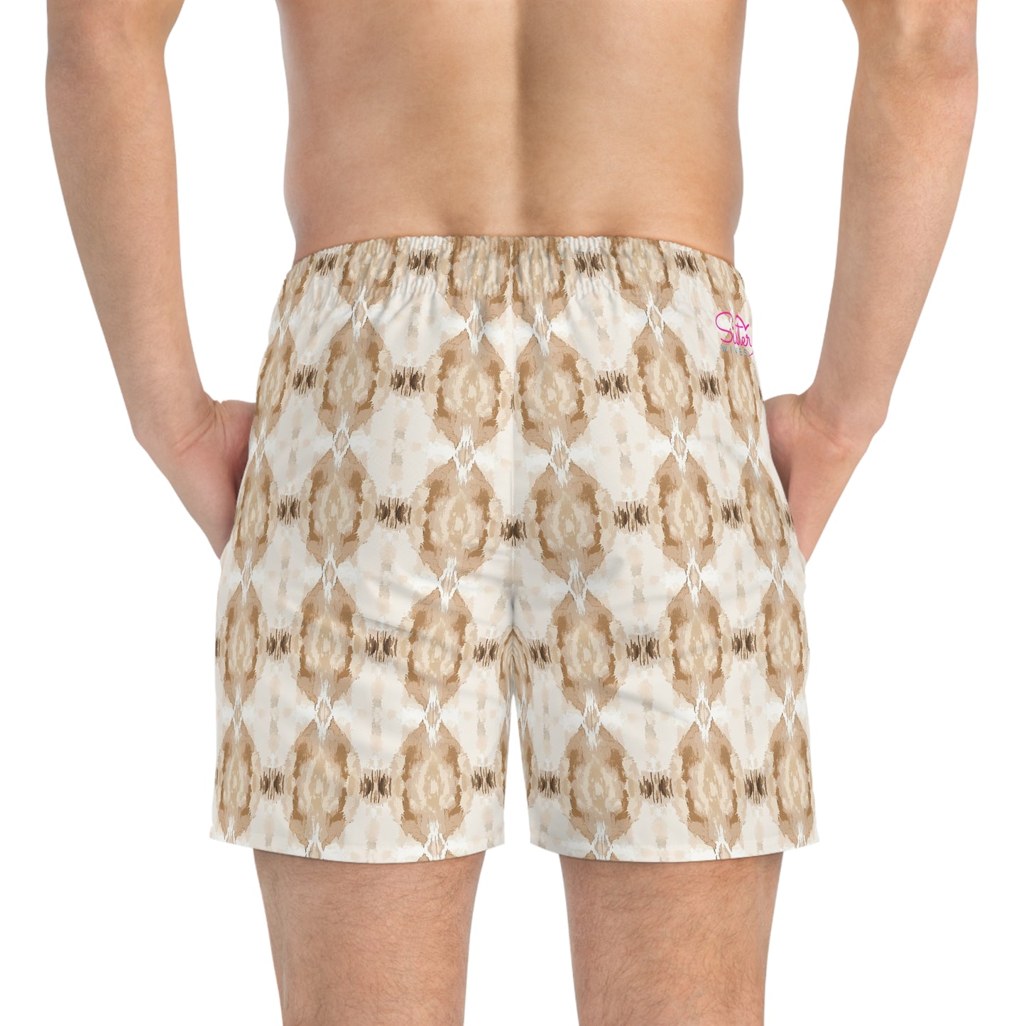 Men’s Boho Abstract Swim Trunks – Neutral Earth Tone Boardshorts | Modern Minimalist Swimwear | Fast-Dry Men’s Swim Shorts