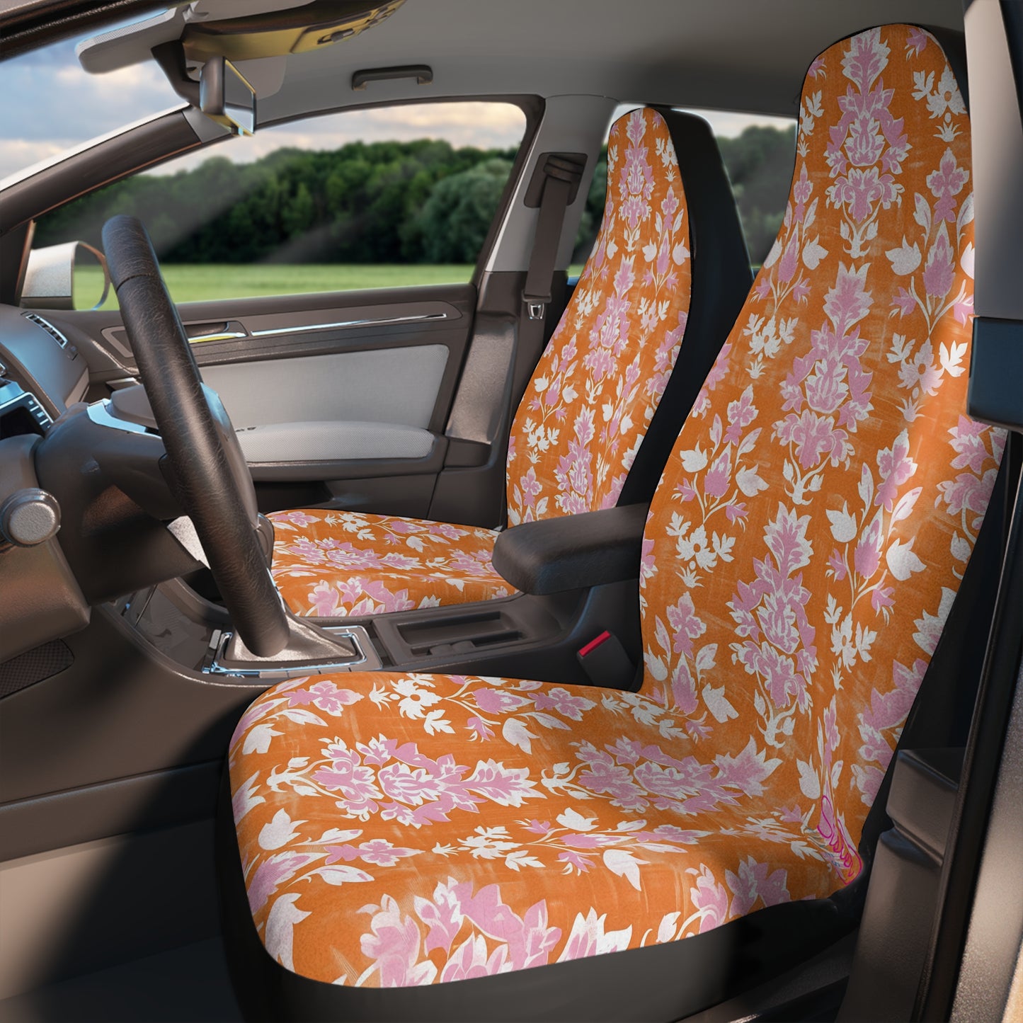 Orange Boho Floral Car Seat Covers – Retro Aesthetic Auto Decor | Polyamory & ENM Friendly