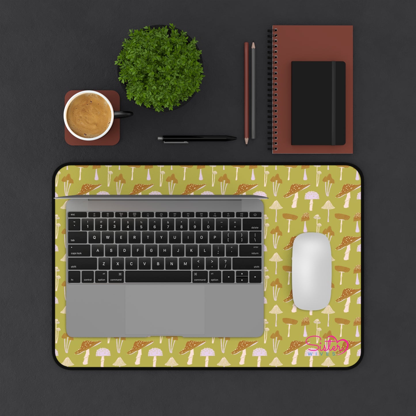 Sage Mushroom Desk Mat – Aesthetic Office Mouse Pad, Neoprene Extended Desk Mat, Polyamory Friendly Workspace Decor, Love-Positive Home Office Accessory
