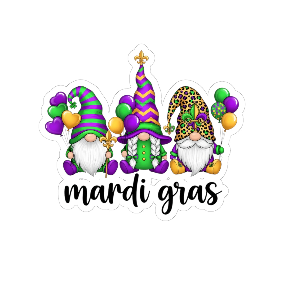 Mardi Gras Throuple Gnomes Kiss-Cut Sticker | Polyamory ENM Pride Vinyl Decal | Chosen Family Gnome Sticker | Mardi Gras Laptop Sticker