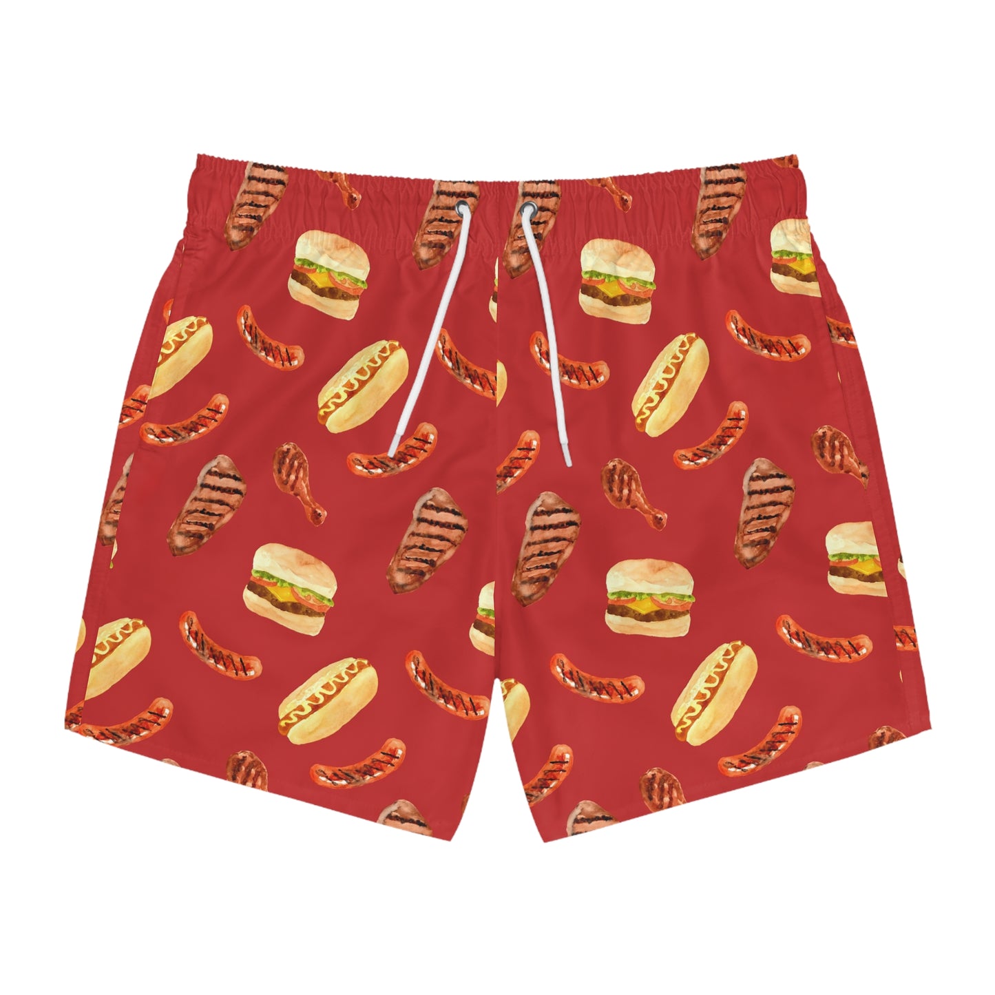 Men’s BBQ Swim Trunks – Grill & Cookout Boardshorts | Funny Food Print Swimwear | Fast-Dry Summer Swim Shorts
