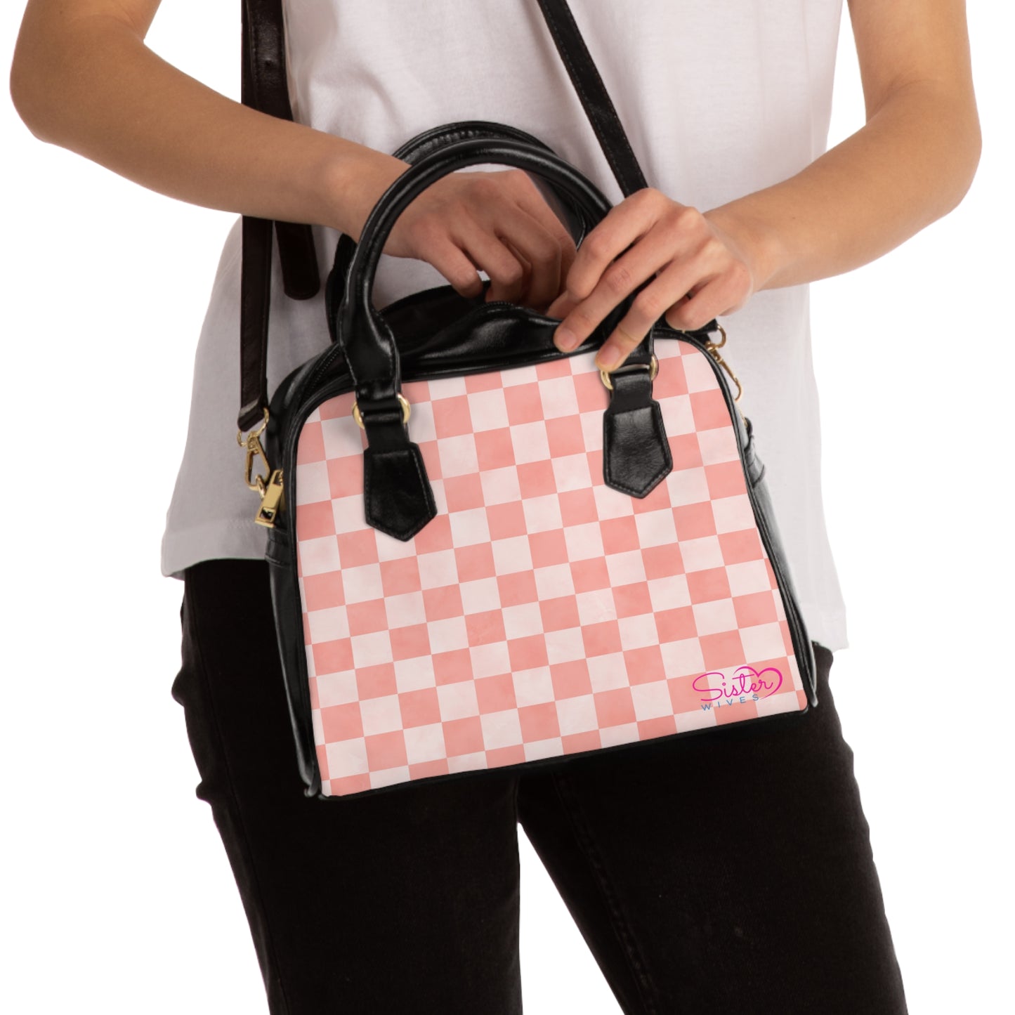 Pink Checkered Shoulder Handbag – Valentine Checkerboard PU Leather Purse, Polyamory & ENM Friendly Fashion Bag, Love-Positive Gift