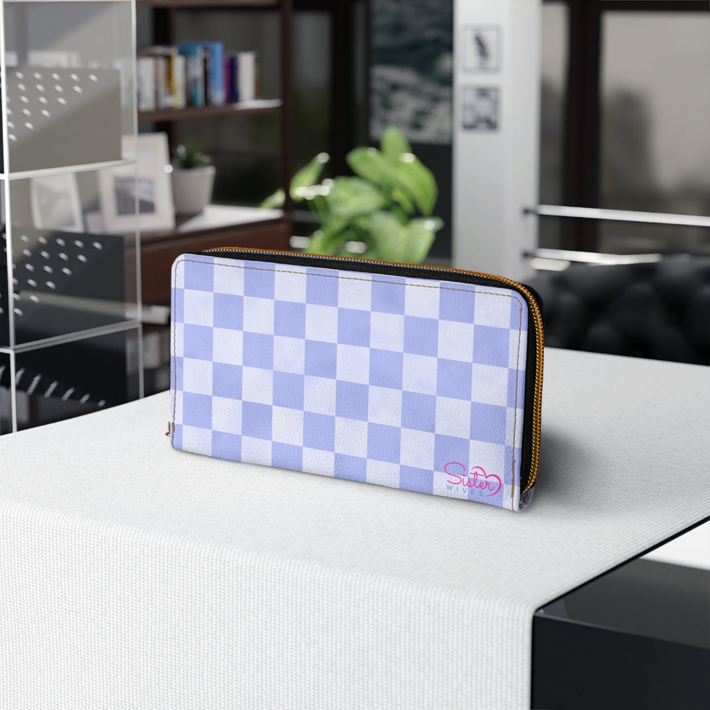 Checkered Blue Zipper Wallet | Polyamory Friendly Accessory | ENM Lifestyle Wallet | Inclusive Chosen Family Gift | Colorful Retro Checker Wallet
