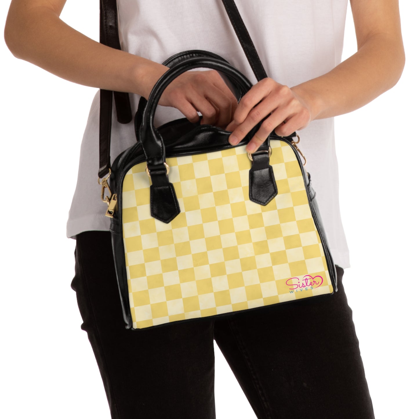 Yellow Checkered Shoulder Handbag – Retro Checkerboard PU Leather Purse, Polyamory & ENM Friendly Fashion Bag, Love-Positive Gift