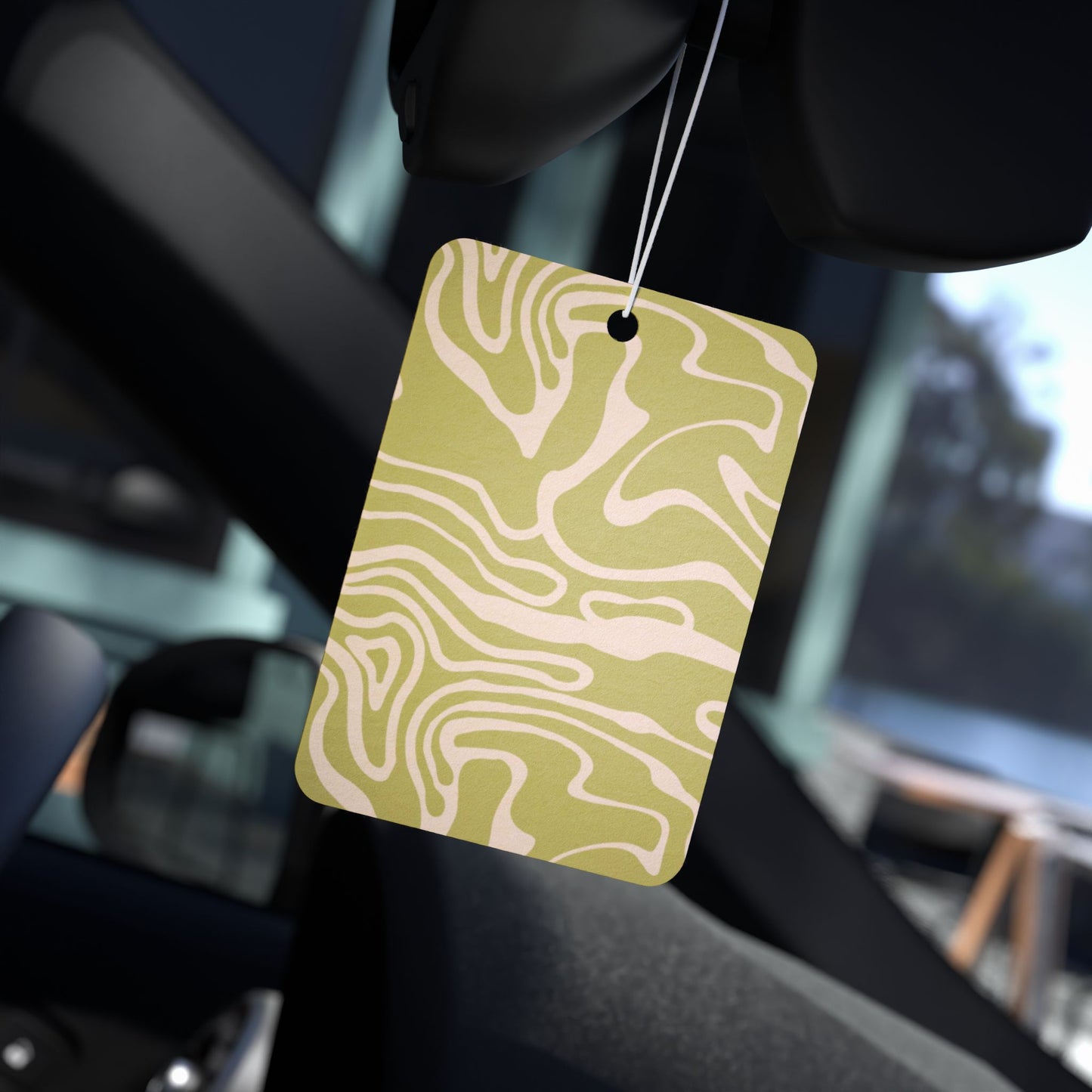 Abstract Olive Green Car Air Freshener – Modern Earthy Aesthetic Hanging Diffuser | Pine, New Car & Black Ice Scents