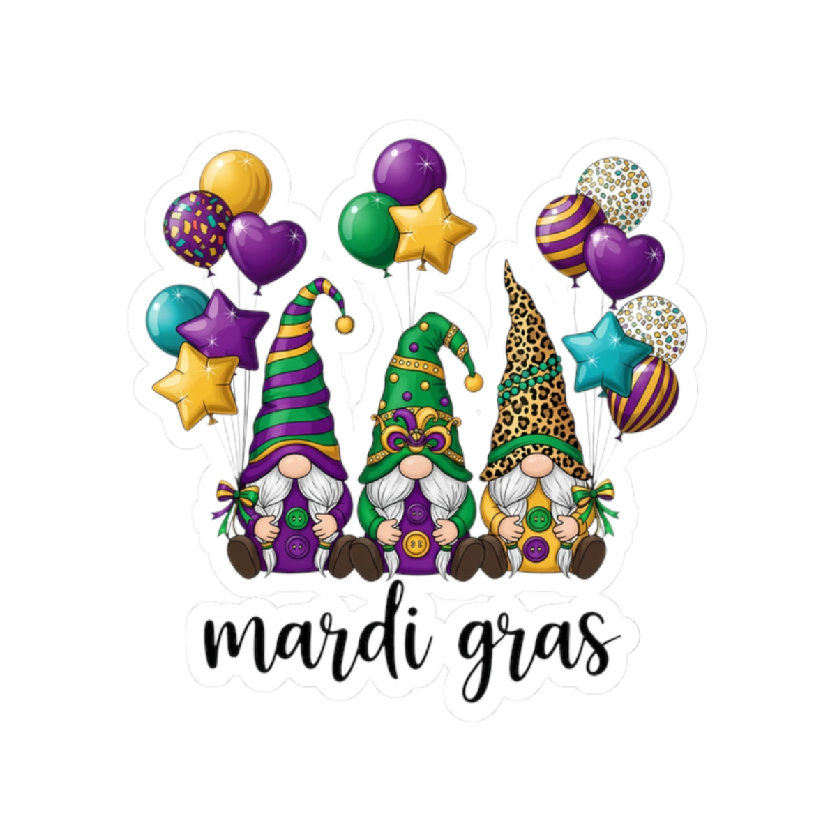 Mardi Gras Throuple Gnomes Kiss-Cut Sticker | Polyamory ENM Pride Vinyl Decal | Chosen Family Gnome Sticker | Mardi Gras Laptop Sticker