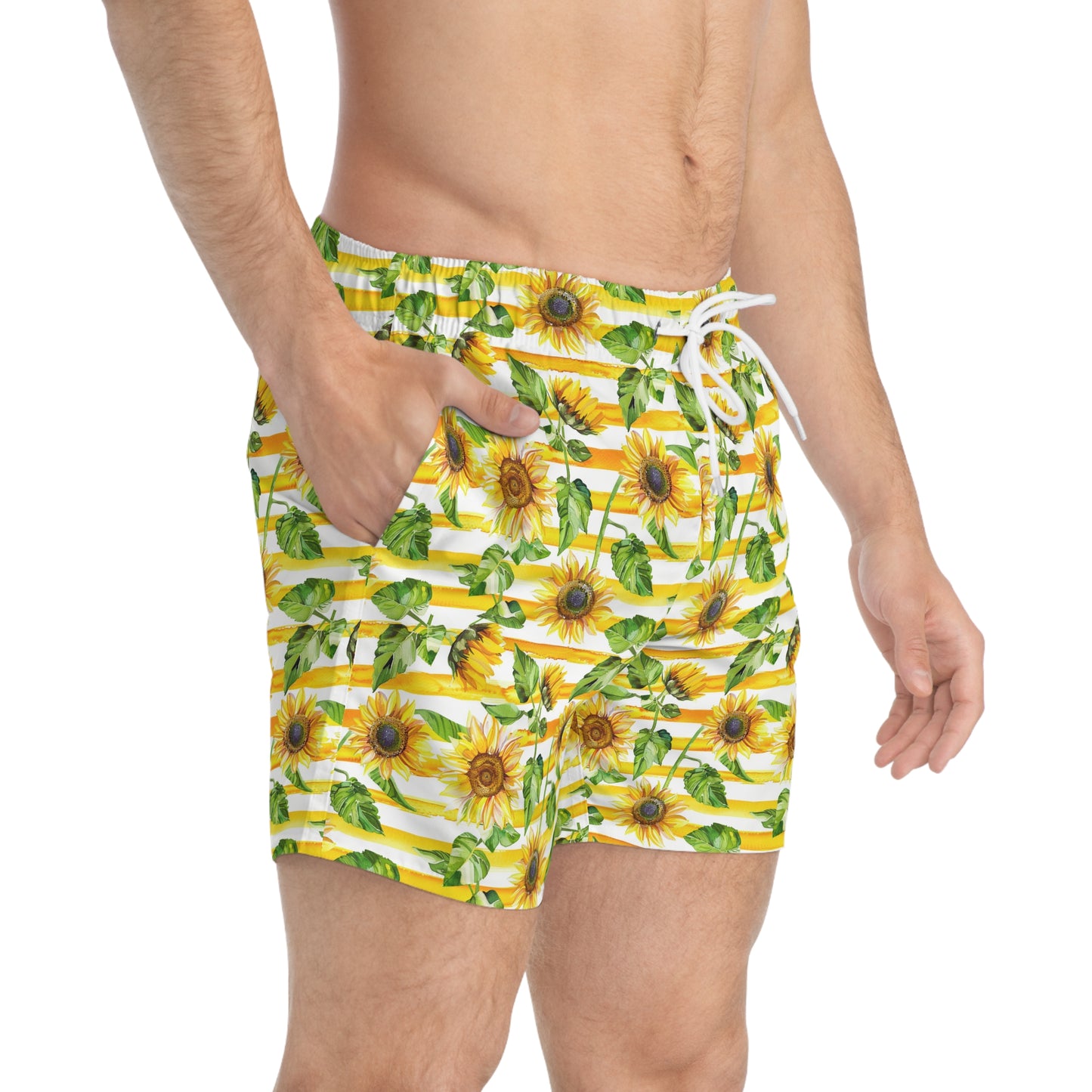 Men’s Sunflower & Daisy Swim Trunks – Bright Floral Summer Swim Shorts, ENM Polyamory Friendly Beach Board Shorts, Fast-Dry