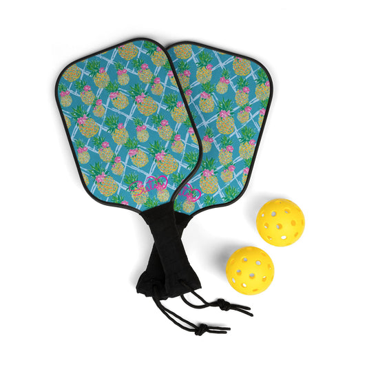 Preppy Pineapple Blue Colorful Pickleball Paddle Set By SisterWives | Fun Outdoor Sports Gear | Perfect Gift for Players | Summer Activities | Birthday, Sports Event, Family Fun