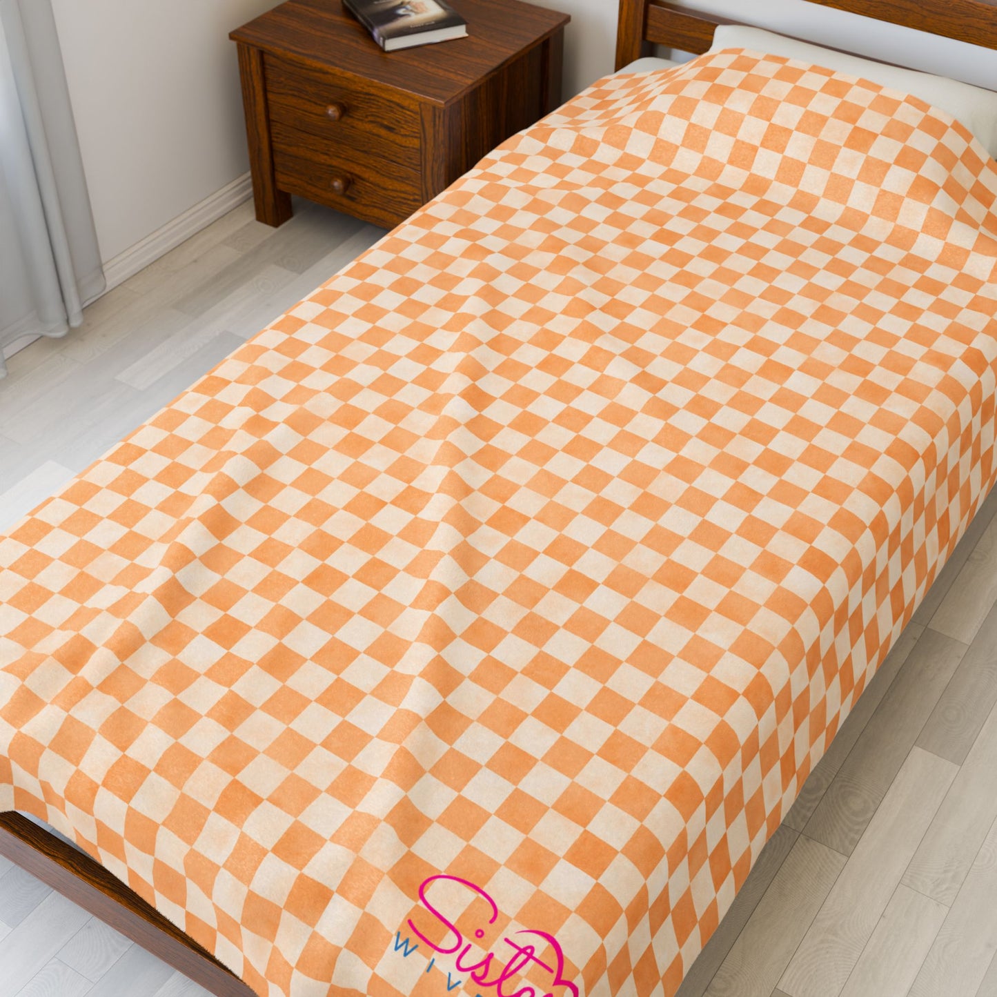 Orange Checker Plush Blanket | Cozy Velveteen Throw | ENM & Polyamory Friendly Home Decor | Chosen Family Aesthetic Blanket