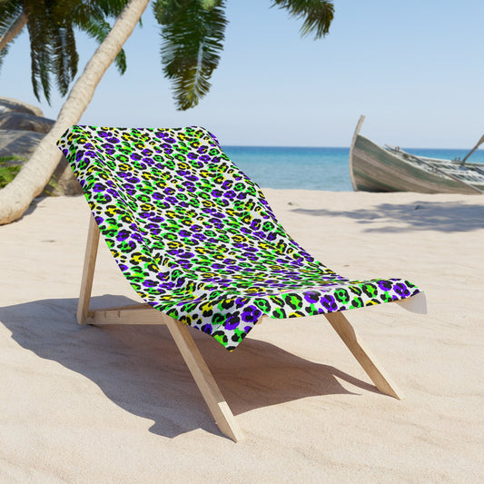 Mardi Gras Cheetah Print Beach Towel | Polyamory ENM Friendly | Matching Couple & Throuple Towel | Festival Cruise Pool & Resort Towel