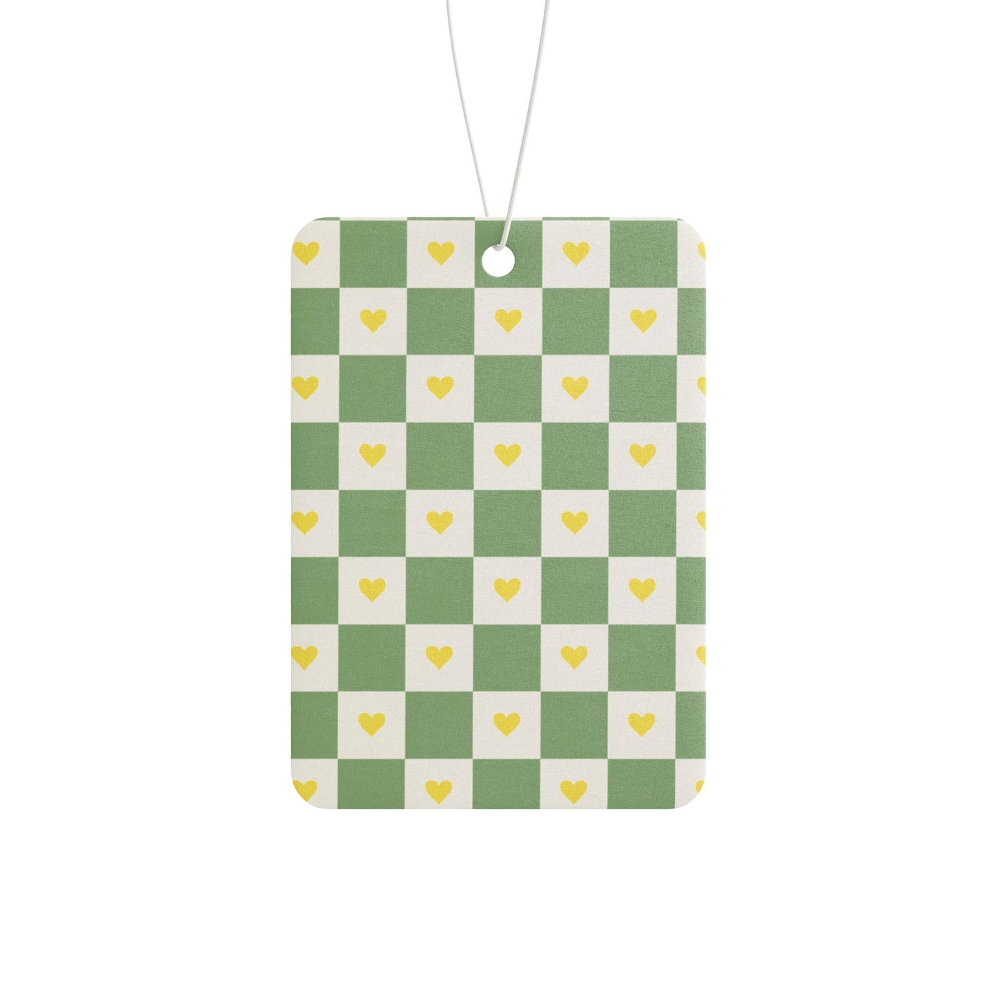 Green Checkered Heart Car Air Freshener – Cute Sage Aesthetic Hanging Diffuser | Pine, New Car & Black Ice Scents