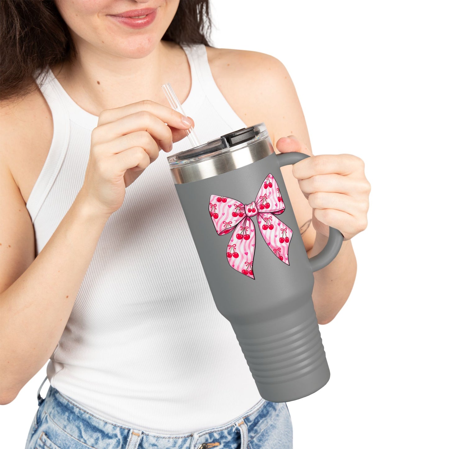 Pink Bow 40oz Insulated Travel Mug – Coquette Aesthetic Stainless Steel Tumbler with Straw | Cute Feminine BPA-Free Cup