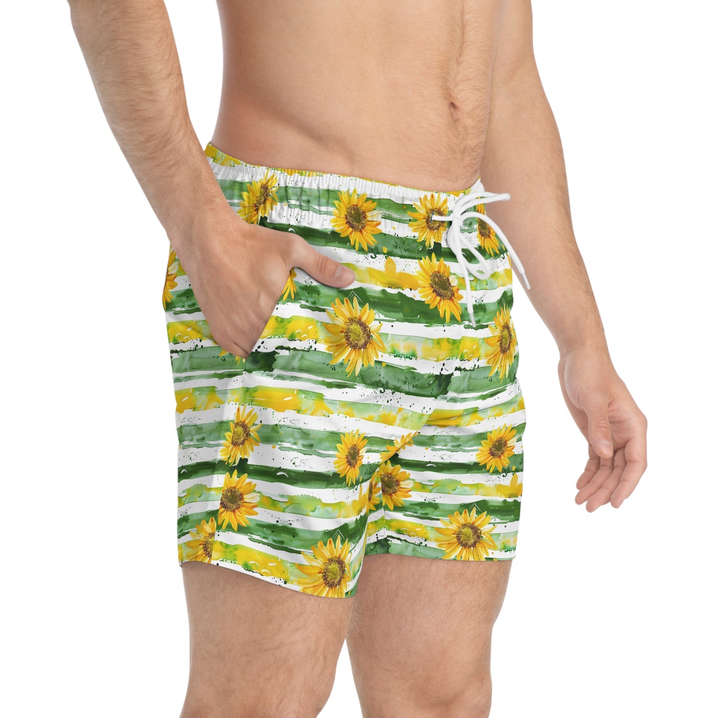 Men’s Sunflower & Daisy Swim Trunks – Bright Floral Summer Swim Shorts, ENM Polyamory Friendly Beach Board Shorts, Fast-Dry