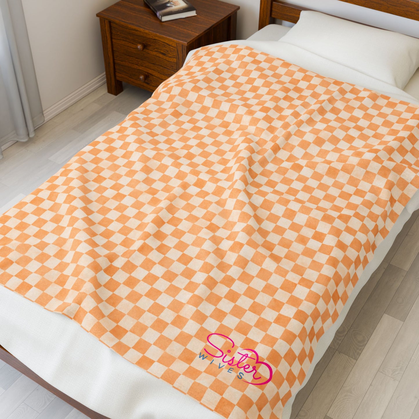 Orange Checker Plush Blanket | Cozy Velveteen Throw | ENM & Polyamory Friendly Home Decor | Chosen Family Aesthetic Blanket