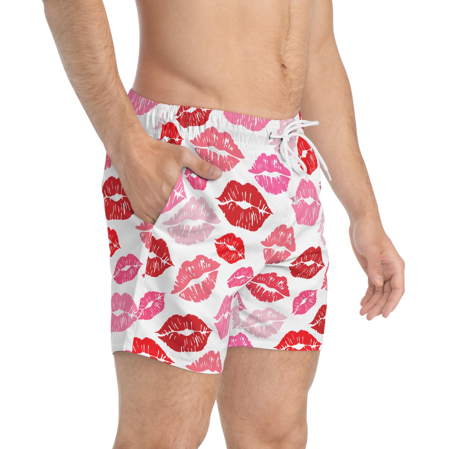 Men’s Valentine’s Kiss Swim Trunks – Lip Print Board Shorts, Polyamory & ENM Friendly Swimwear, Fast-Dry Summer Shorts