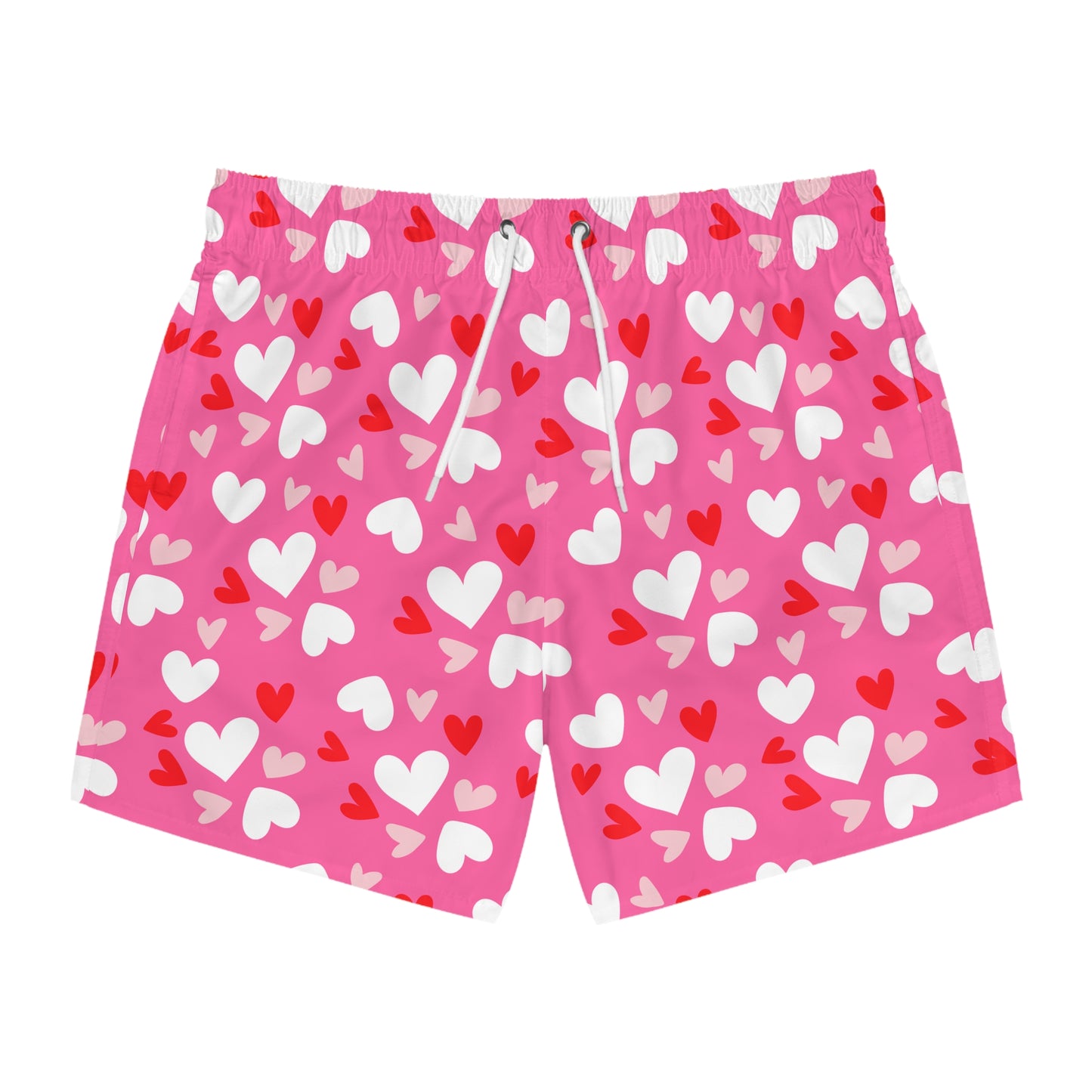 Men’s Valentine’s Heart Swim Trunks – Red Heart Print Board Shorts, Polyamory & ENM Friendly Swimwear, Fast-Dry Summer Shorts