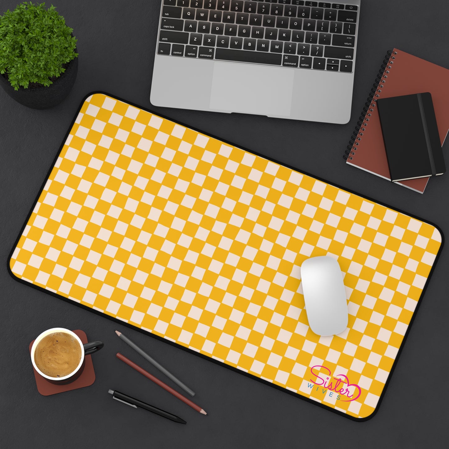 Yellow Checkered Desk Mat – Retro Checkerboard Mouse Pad, Neoprene Extended Desk Mat, Polyamory Friendly Office Decor, Love-Positive Workspace Accessory