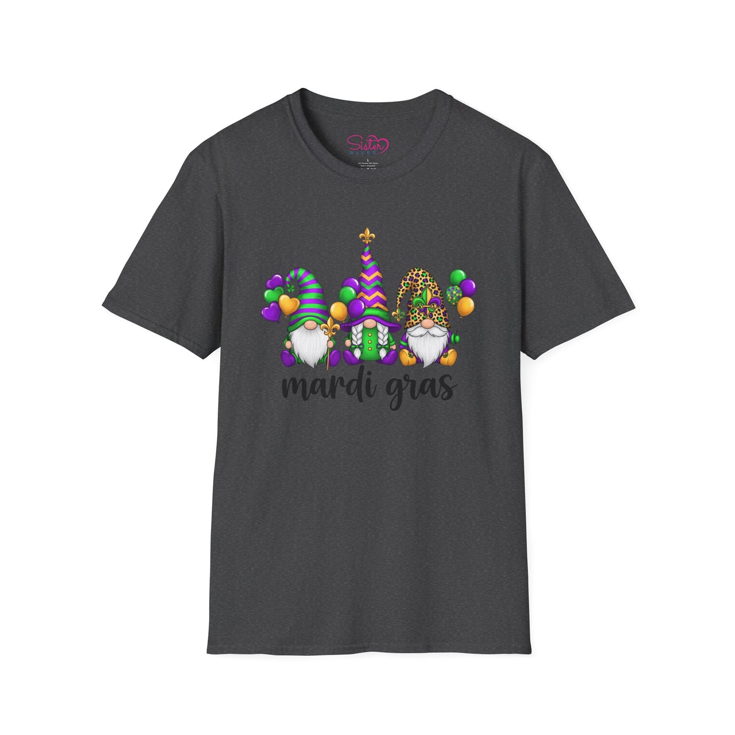 Mardi Gras Throuple Gnome T-Shirt | Polyamory ENM Pride Tee | Festive Gnome Graphic Shirt | Chosen Family Swinger Lifestyle Apparel