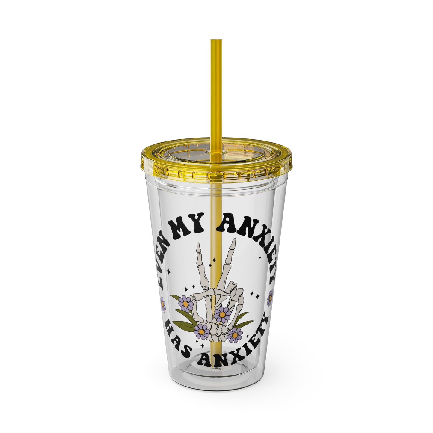Even My Anxiety Has Anxiety” Skeleton Peace Sign 16oz Sunsplash Tumbler | Dark Humor Mental Health Cup | Goth Aesthetic Drinkware | Spooky Skeleton Cup | Anxiety Humor Gift