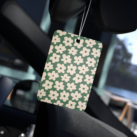 Green Retro Floral Car Air Freshener – Cute Daisy Aesthetic Hanging Diffuser | Pine, New Car & Black Ice Scents