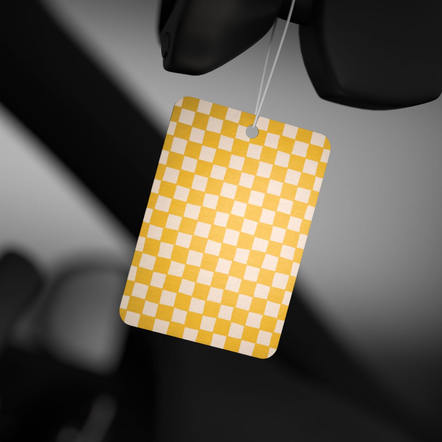 Yellow Checkered Car Air Freshener – Retro Aesthetic Hanging Diffuser | Pine, New Car & Black Ice Scents