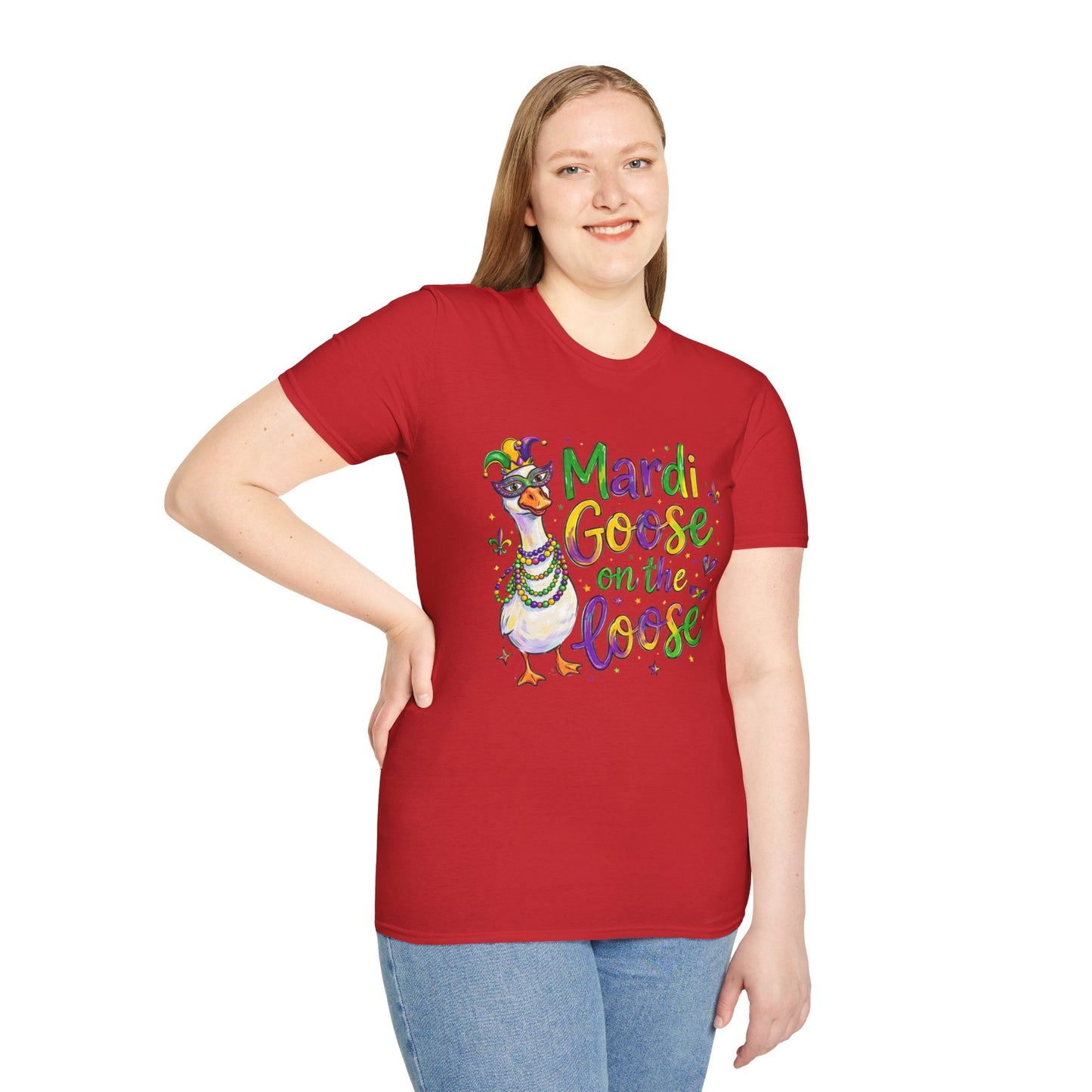 Mardi Goose on the Loose Shirt – Funny Mardi Gras Goose T-Shirt, Polyamory ENM Non-Monogamy Carnival Tee, Unisex Gildan 64000