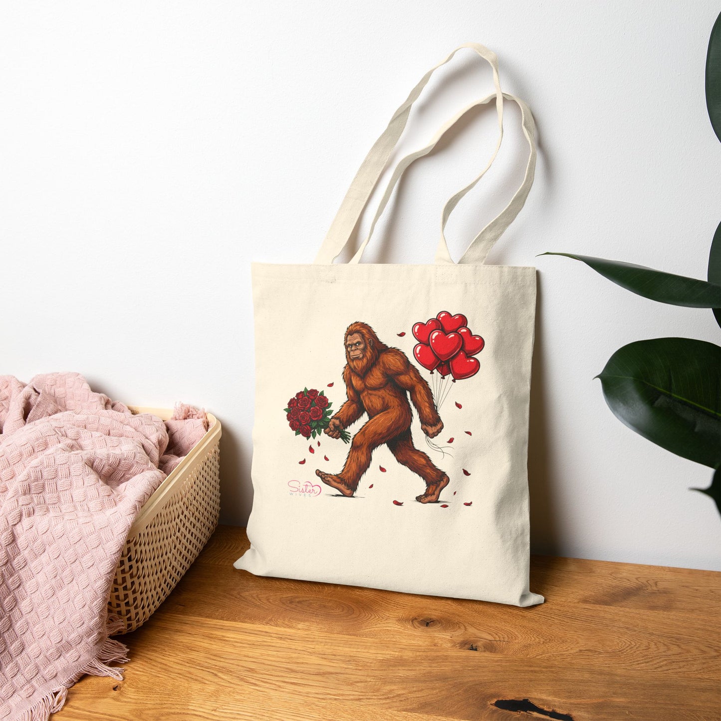 Bigfoot Tote Bag with Flowers | Chosen Family & ENM Canvas Tote | Playful Cryptid Aesthetic Bag | Polyamory Friendly Gift
