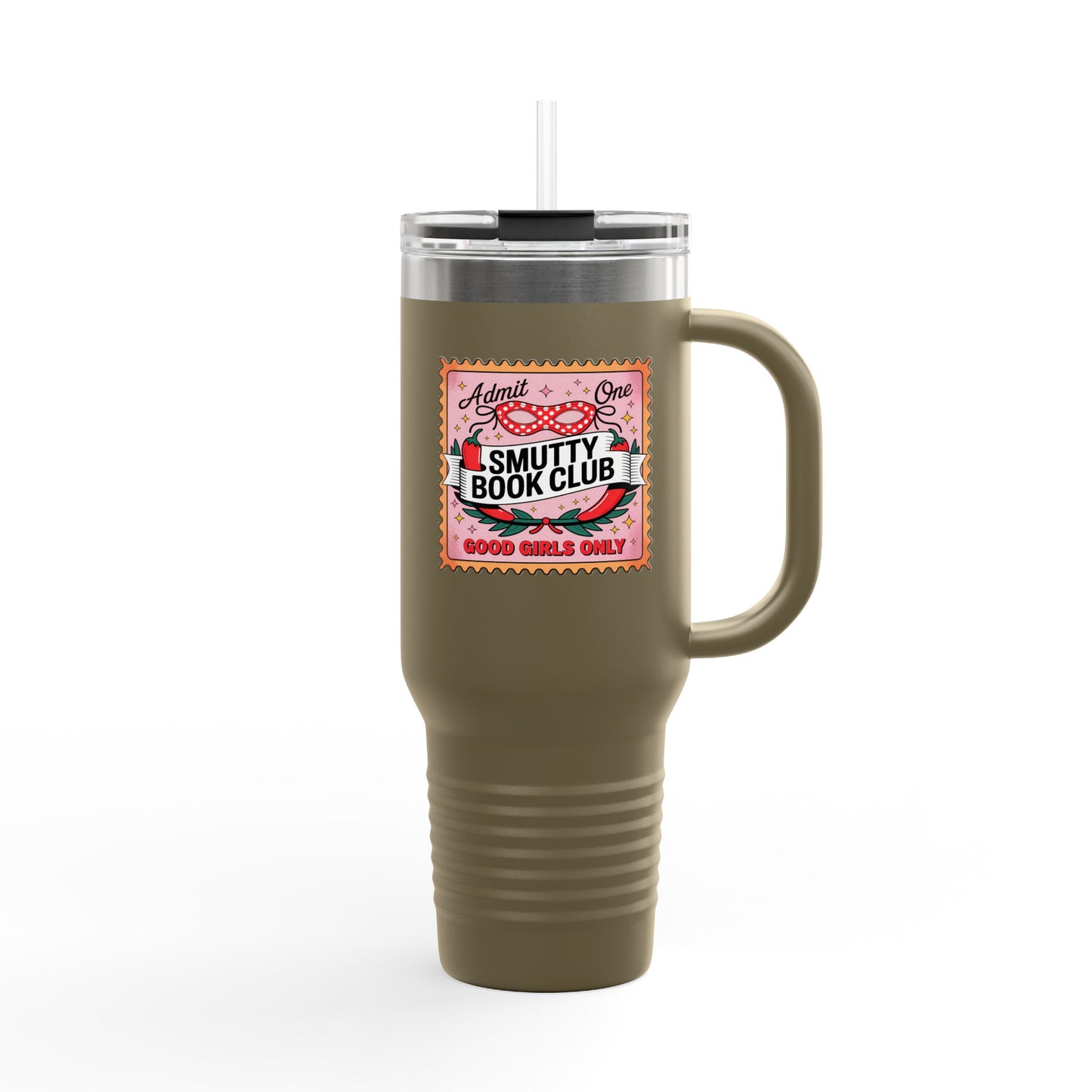 Smutty Book Club 40oz Insulated Travel Mug – Admit One Romance Reader Tumbler with Straw | Funny Spicy Booktok Cup