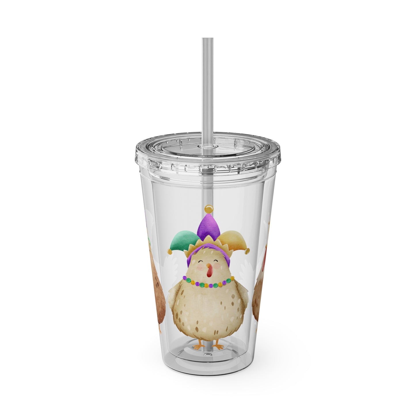 Mardi Gras Chicken 16oz Sunsplash Tumbler | Funny Farm Chicken Drink Cup | Cajun Mardi Gras Drinkware | Colorful Chicken Lover Gift | Farmhouse Humor Tumbler
