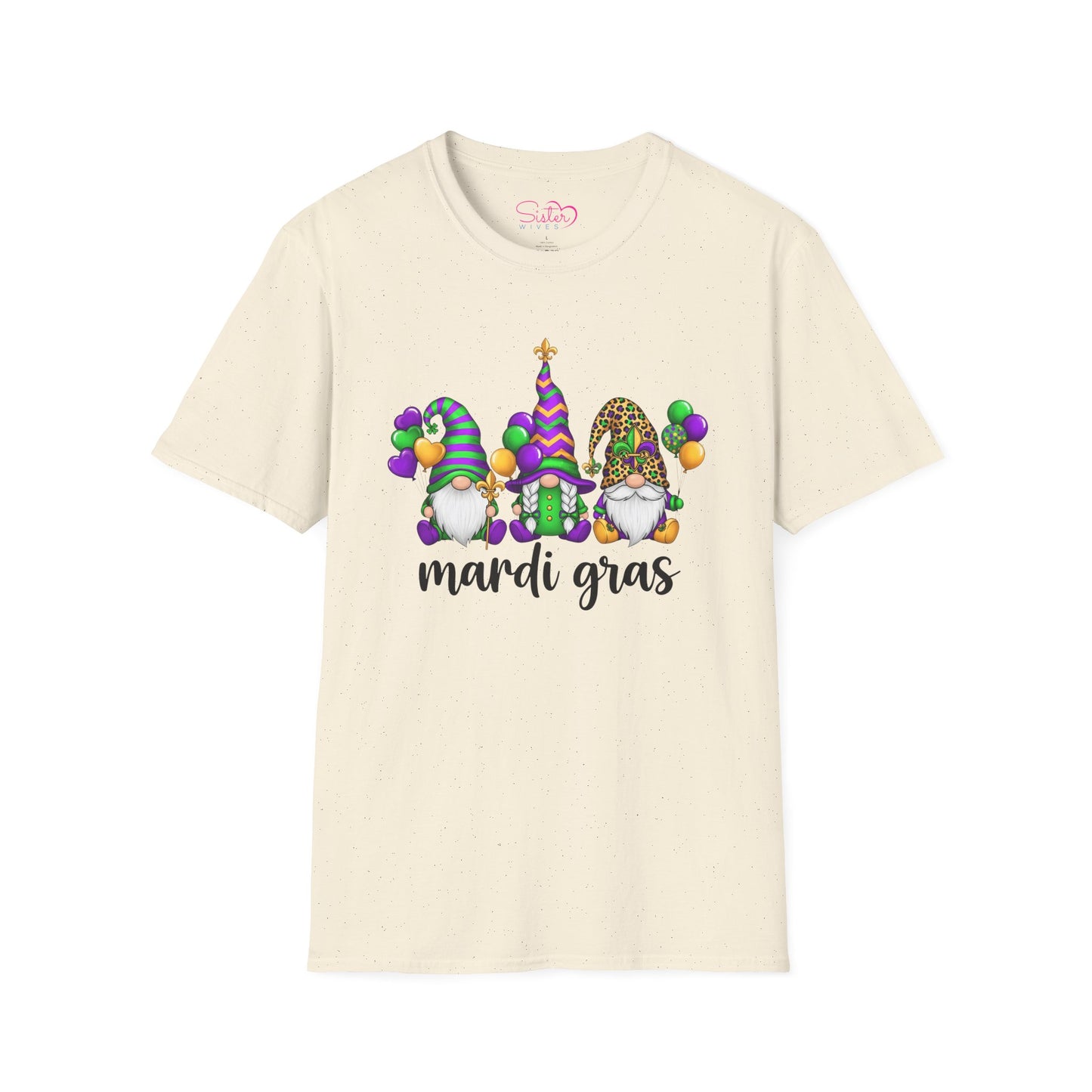 Mardi Gras Throuple Gnome T-Shirt | Polyamory ENM Pride Tee | Festive Gnome Graphic Shirt | Chosen Family Swinger Lifestyle Apparel