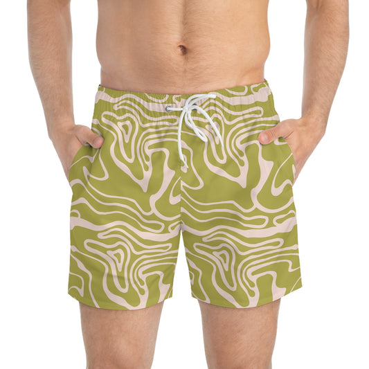 Olive Green Abstract Swim Trunks for Men – Modern Fast-Dry Board Shorts with Drawstring | XS–3XL Summer Swimwear