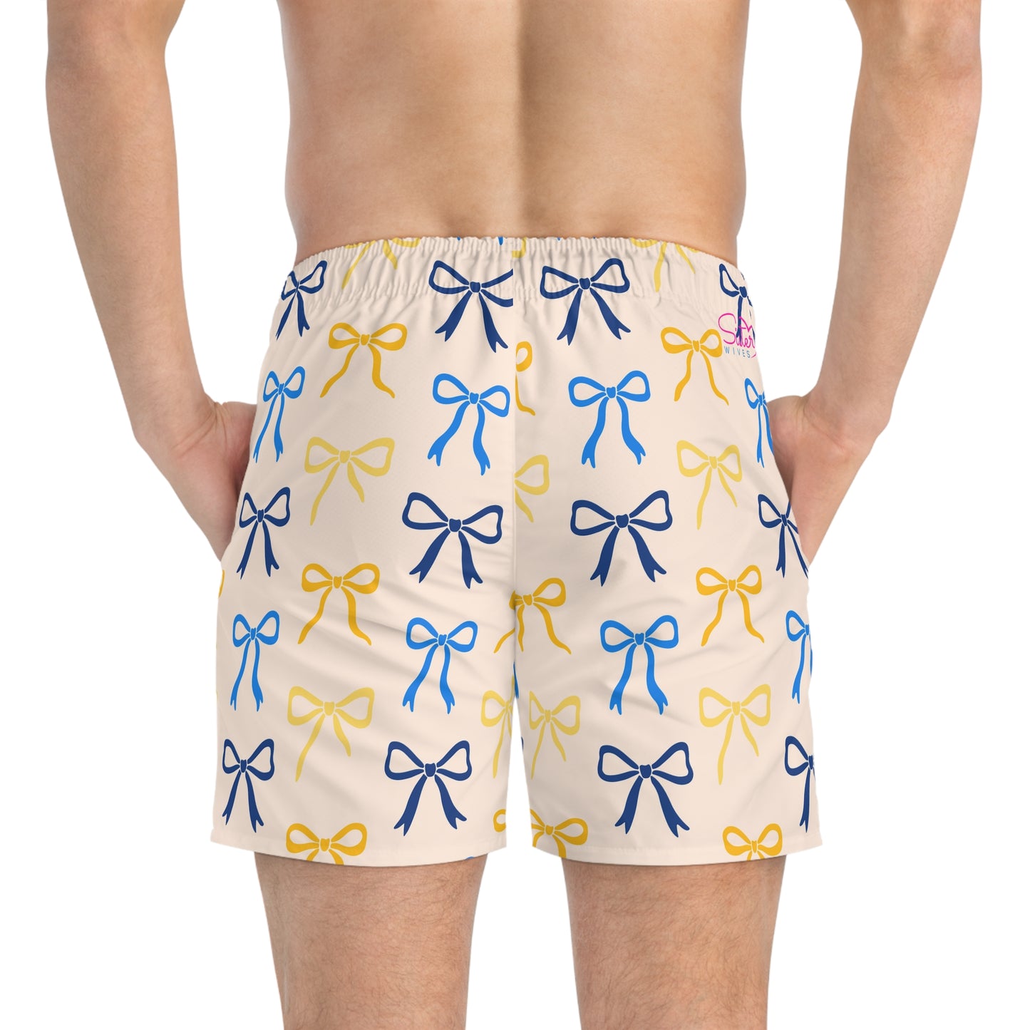 Yellow Bow Print Swim Trunks for Men – Preppy Coquette Fast-Dry Board Shorts with Drawstring | XS–3XL Summer Swimwear