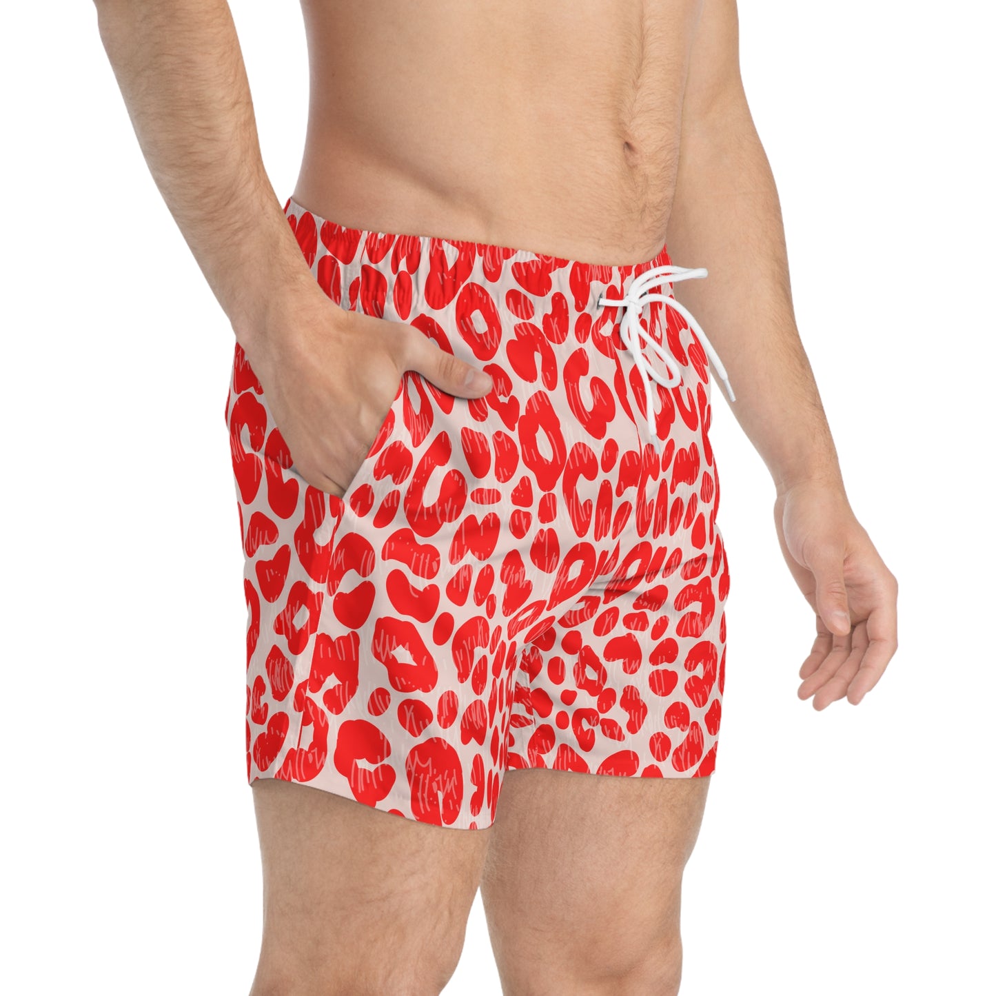 Men’s Valentine’s Leopard Heart Swim Trunks – Red Animal Print Board Shorts, Polyamory & ENM Friendly Swimwear, Fast-Dry Summer Shorts