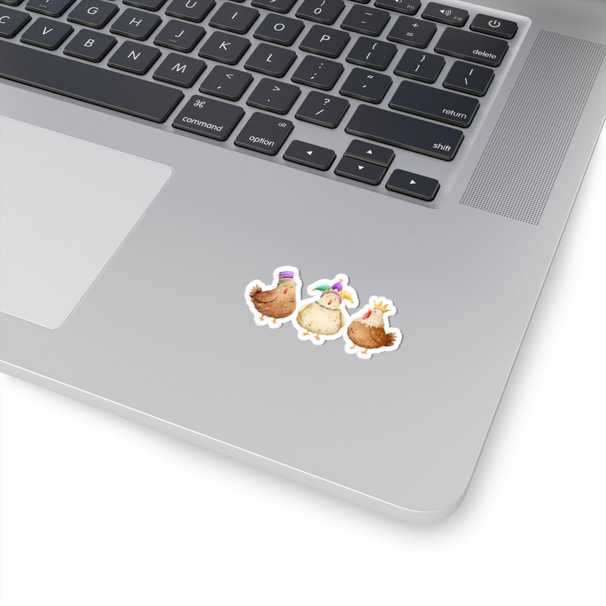 Throuple Mardi Gras Chickens Kiss‑Cut Sticker | Polyamory ENM Pride Decal | Chosen Family Laptop Sticker
