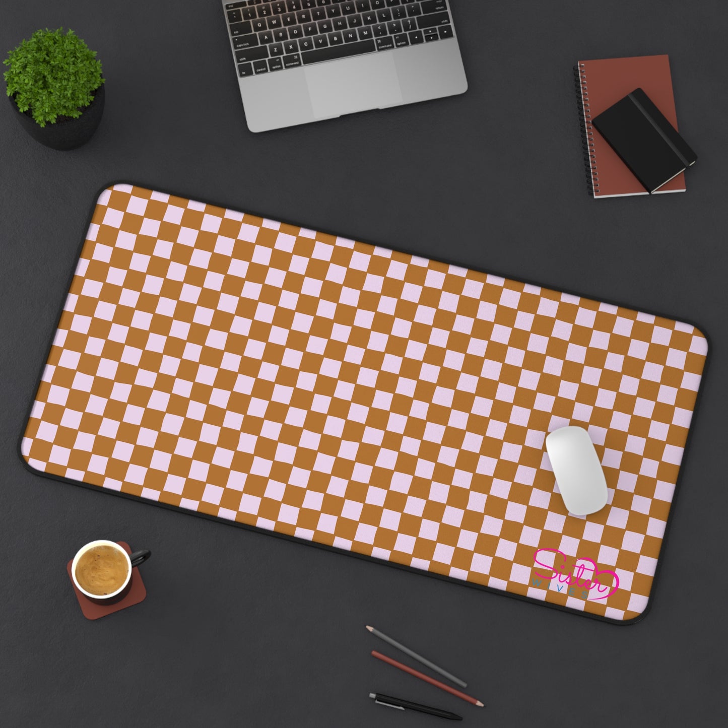 Brown Checkered Desk Mat – Retro Checkerboard Mouse Pad, Neoprene Extended Desk Mat, Polyamory Friendly Office Decor, Love-Positive Workspace Accessory