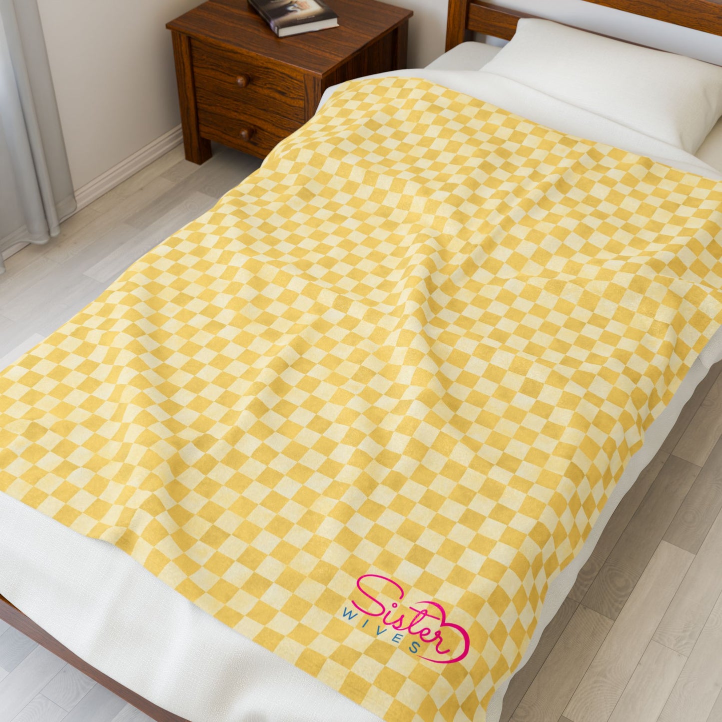 Yellow Checker Plush Blanket | Cozy Velveteen Throw | ENM & Polyamory Friendly Home Decor | Chosen Family Aesthetic Blanket