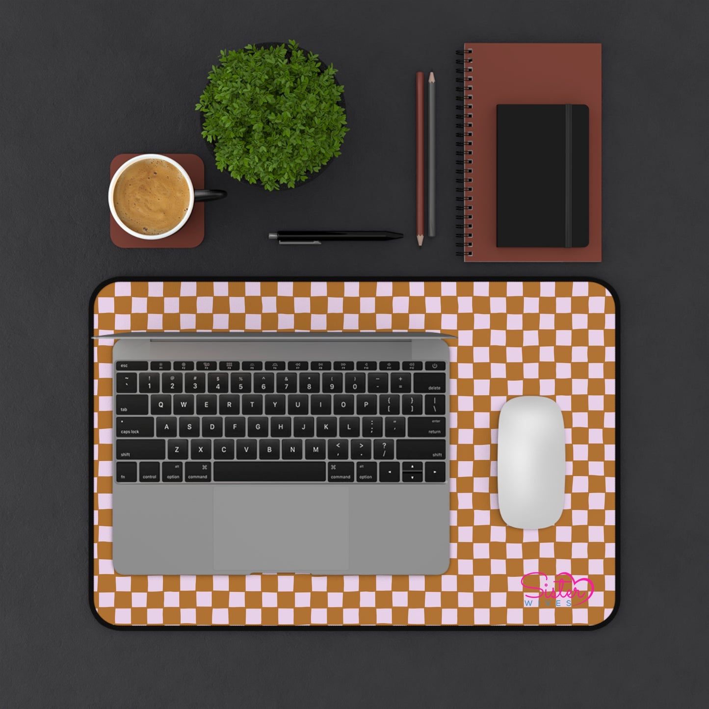Brown Checkered Desk Mat – Retro Checkerboard Mouse Pad, Neoprene Extended Desk Mat, Polyamory Friendly Office Decor, Love-Positive Workspace Accessory