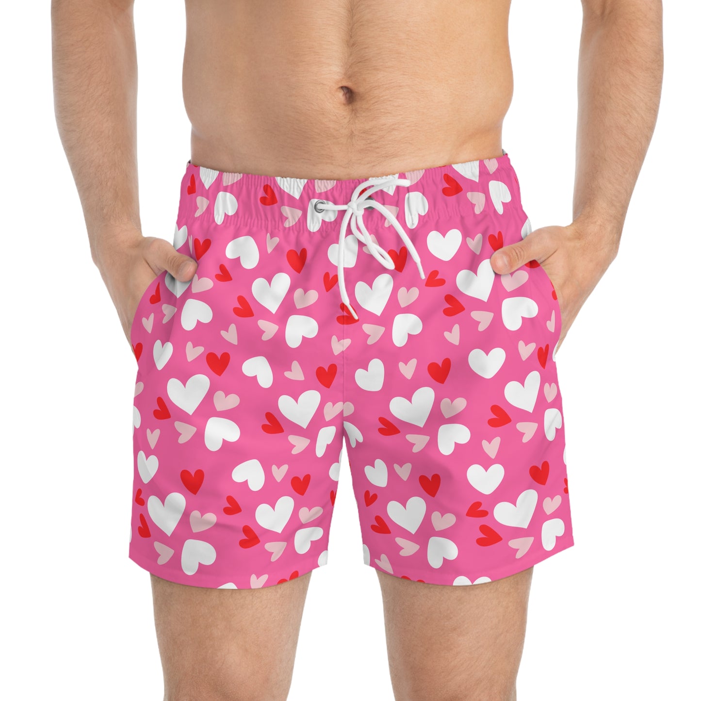 Men’s Valentine’s Heart Swim Trunks – Red Heart Print Board Shorts, Polyamory & ENM Friendly Swimwear, Fast-Dry Summer Shorts