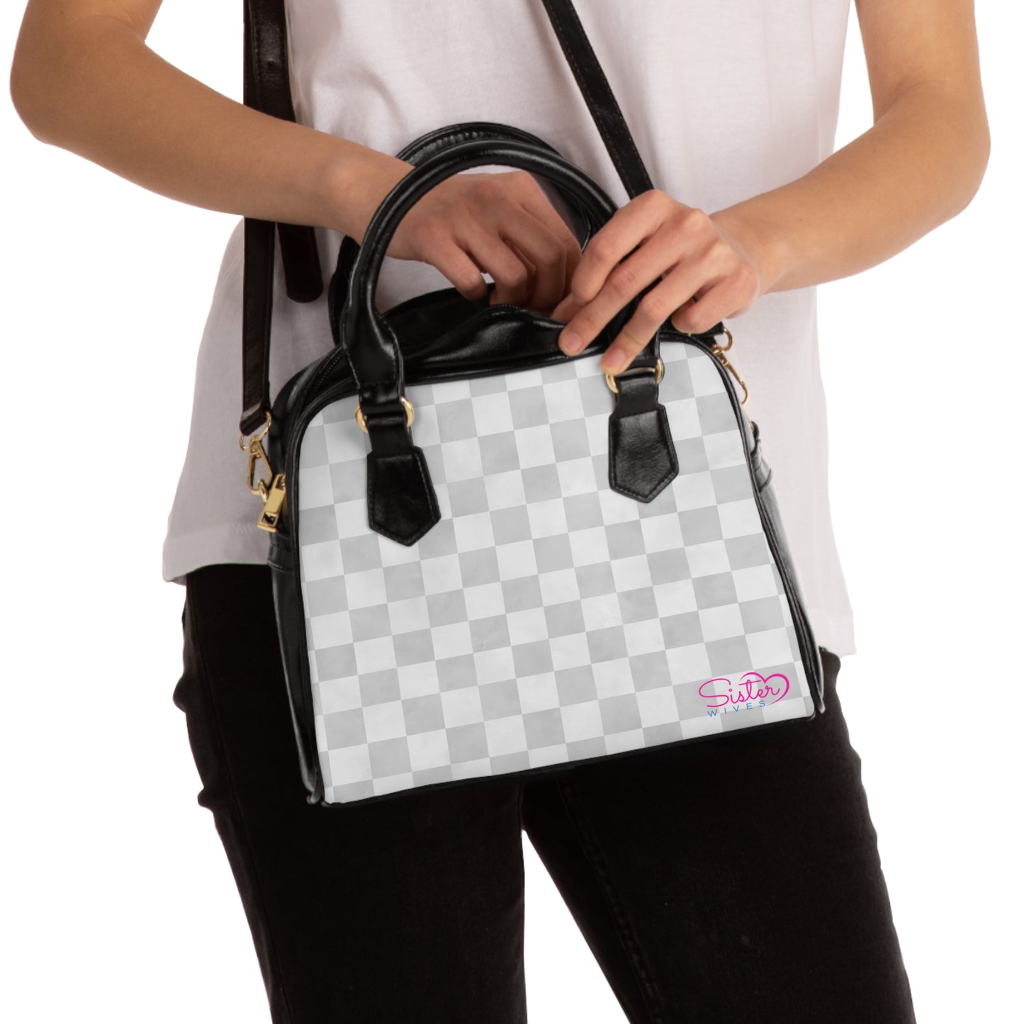 Gray Checkered Shoulder Handbag – Minimal Checkerboard PU Leather Purse, Polyamory & ENM Friendly Fashion Bag, Love-Positive Gift