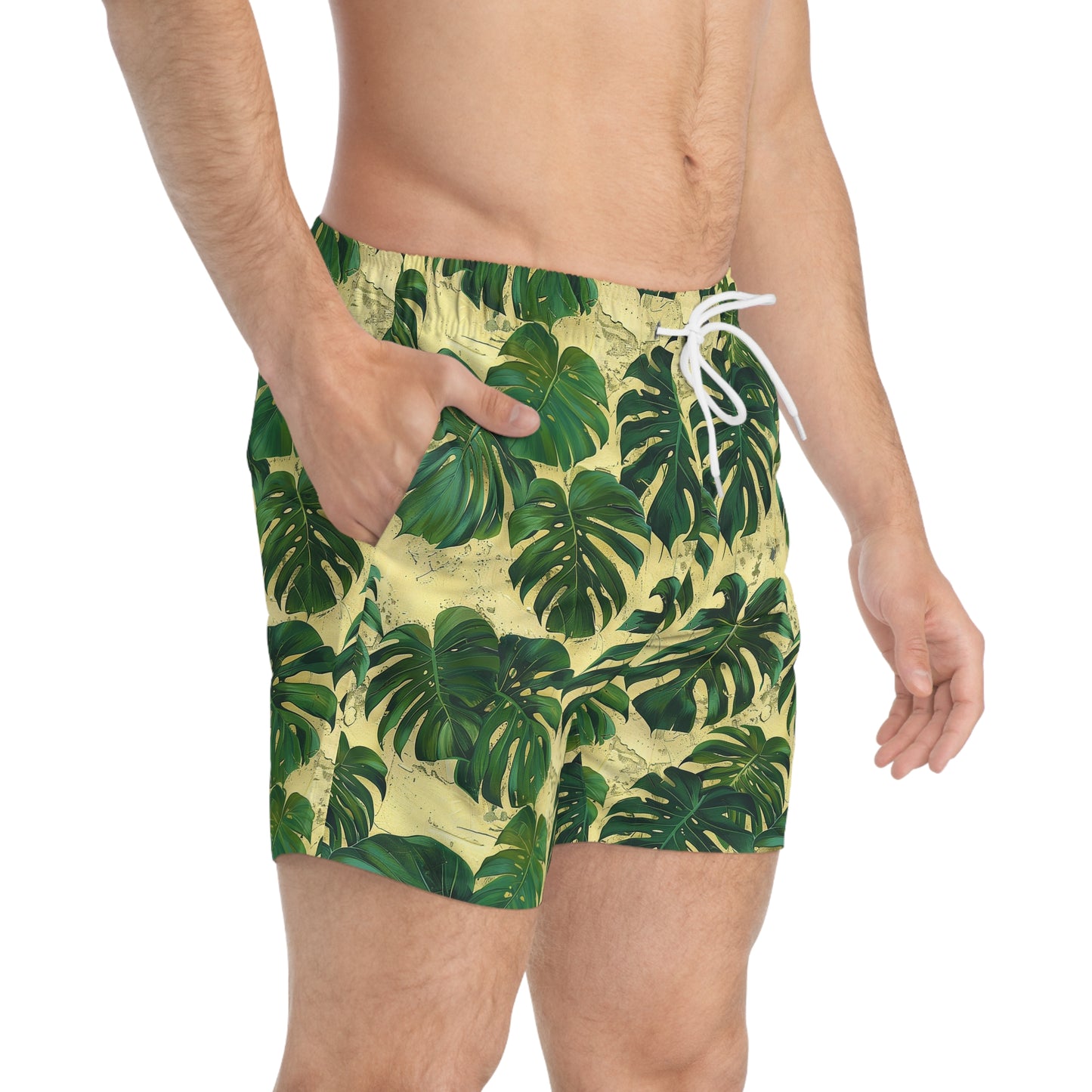 Green Tropical Leaf Swim Trunks for Men – Jungle Fast-Dry Board Shorts with Drawstring | XS–3XL Summer Swimwear