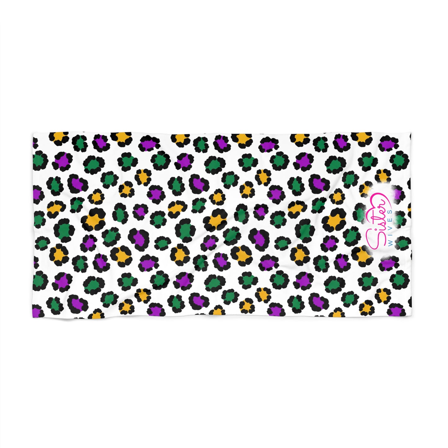 Mardi Gras Cheetah Print Beach Towel | Polyamory ENM Friendly | Matching Couple & Throuple Towel | Festival Cruise Pool & Resort Towel