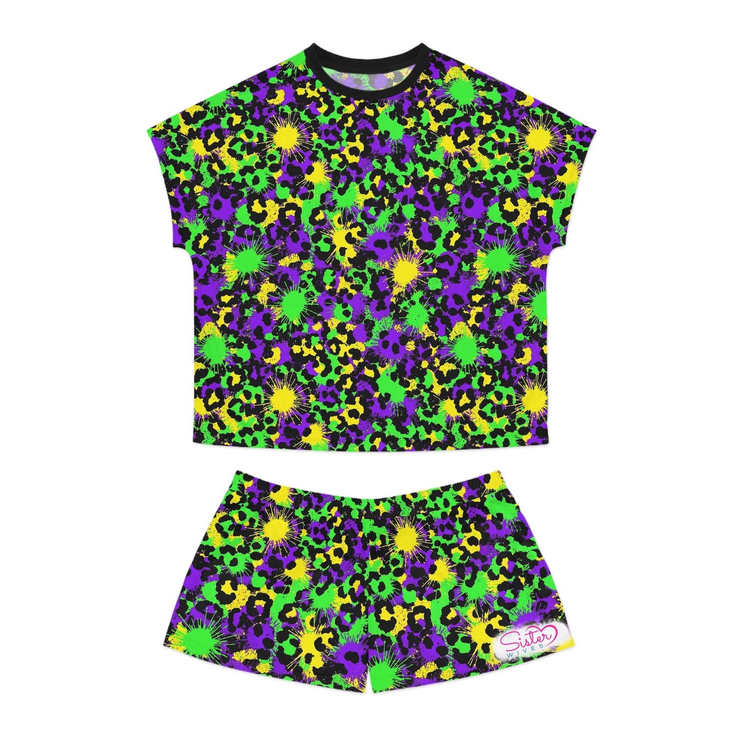 Mardi Gras Leopard Print Pajama Set – Animal Print Short Sleeve Sleepwear, Polyamory Friendly ENM Lounge Set, Bold Festival Pajamas