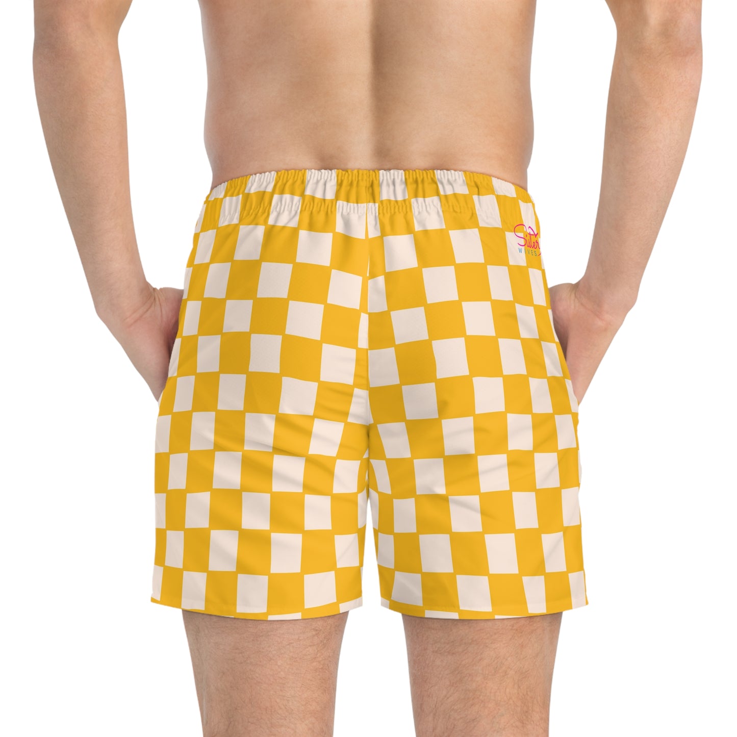 Yellow Checkered Swim Trunks for Men – Retro Fast-Dry Board Shorts with Drawstring | XS–3XL Summer Swimwear