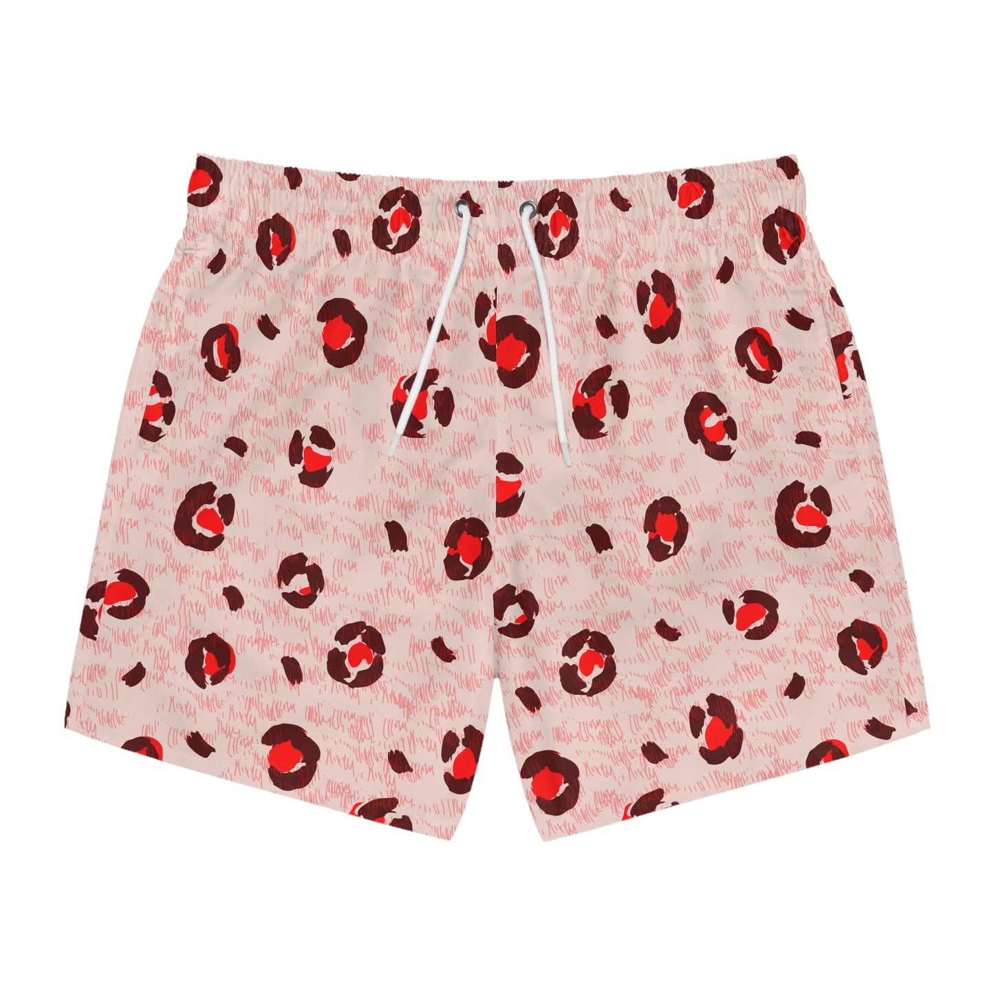Men’s Valentine’s Leopard Heart Swim Trunks – Red Animal Print Board Shorts, Polyamory & ENM Friendly Swimwear, Fast-Dry Summer Shorts