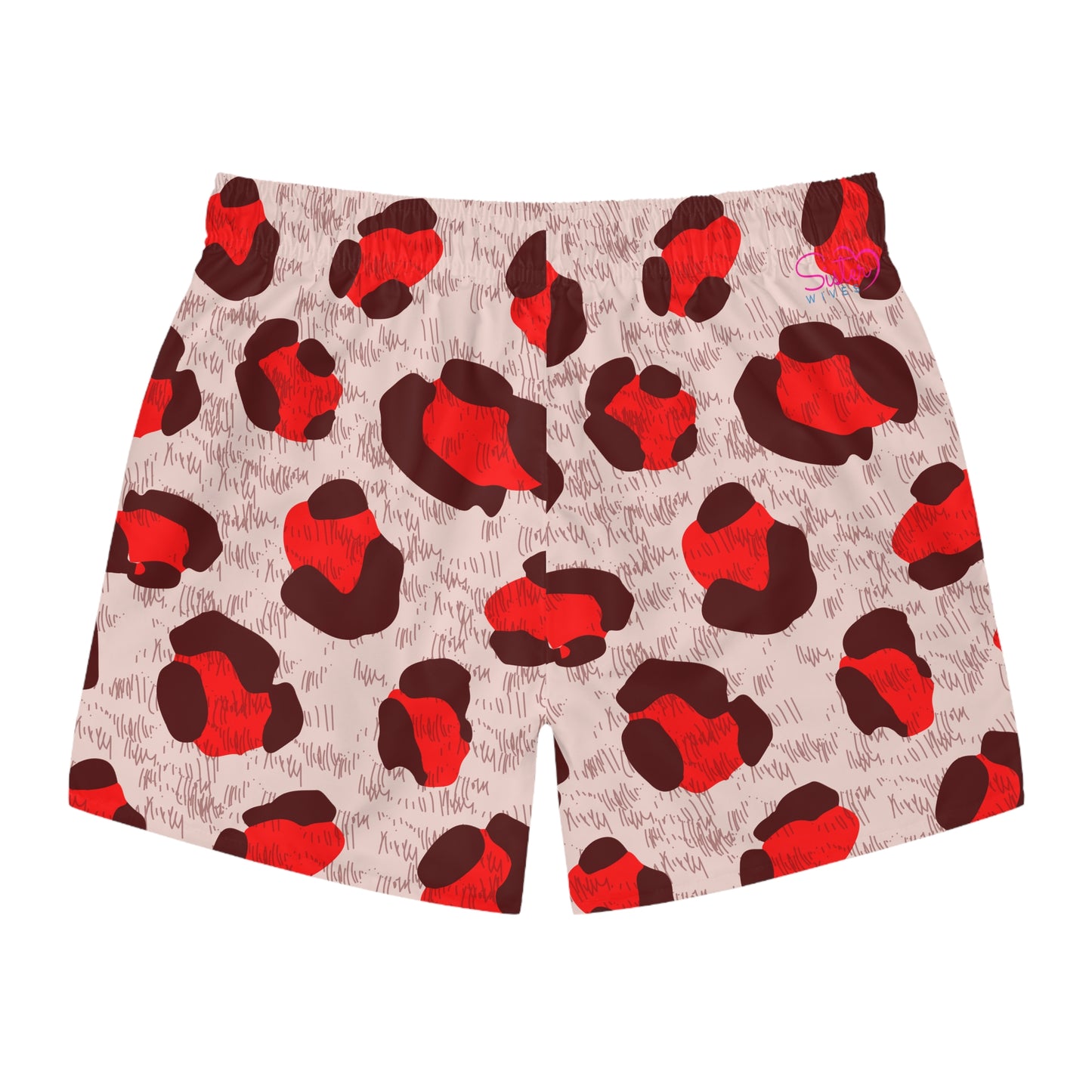 Men’s Valentine’s Leopard Heart Swim Trunks – Red Animal Print Board Shorts, Polyamory & ENM Friendly Swimwear, Fast-Dry Summer Shorts