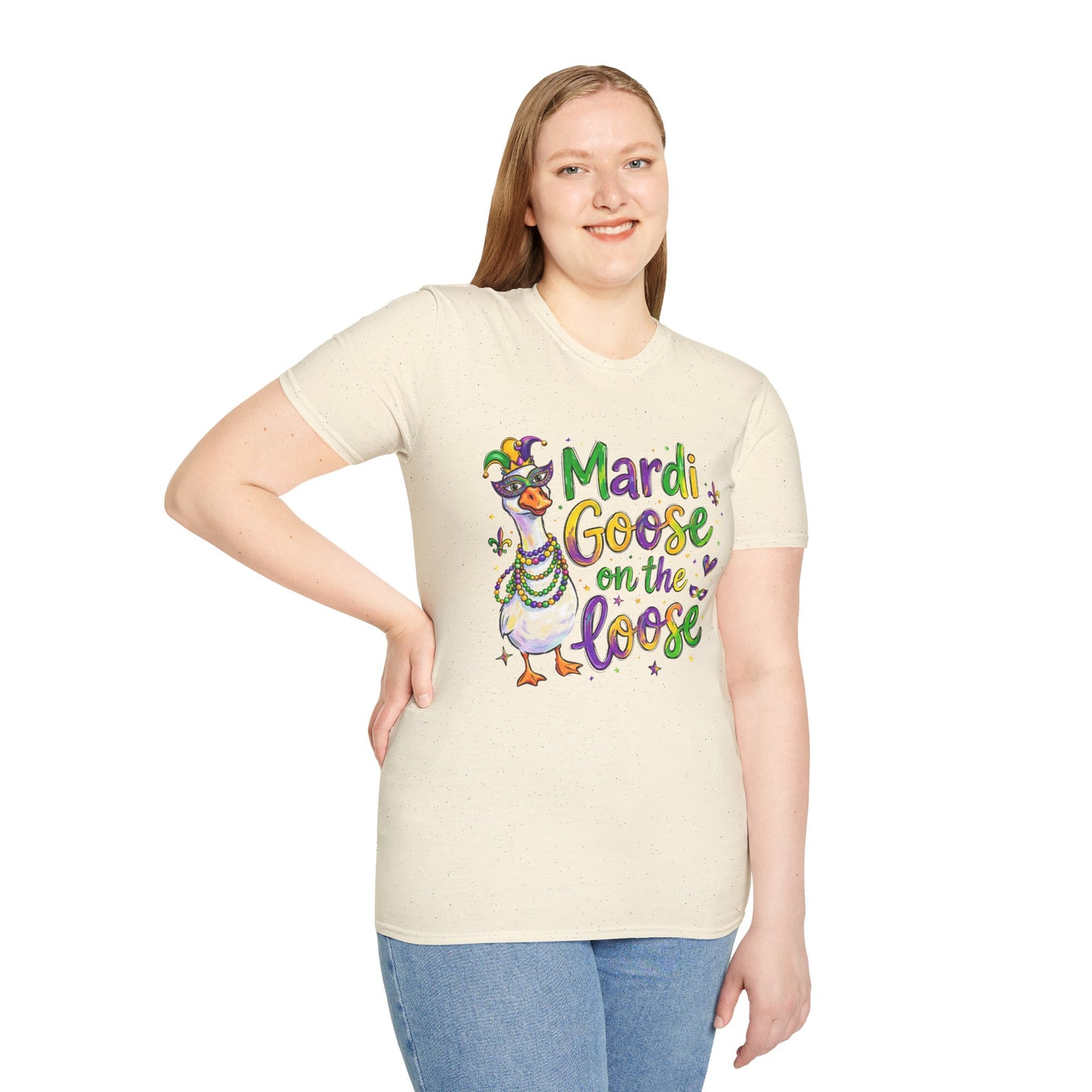 Mardi Goose on the Loose Shirt – Funny Mardi Gras Goose T-Shirt, Polyamory ENM Non-Monogamy Carnival Tee, Unisex Gildan 64000